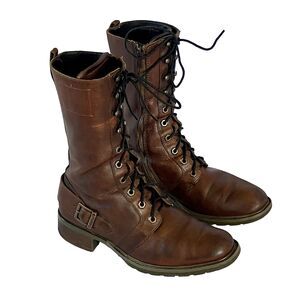 Timberland Vtg Combat Boots Granny Biker Buckle Zip Brown Leather 7.5 SteamPunk